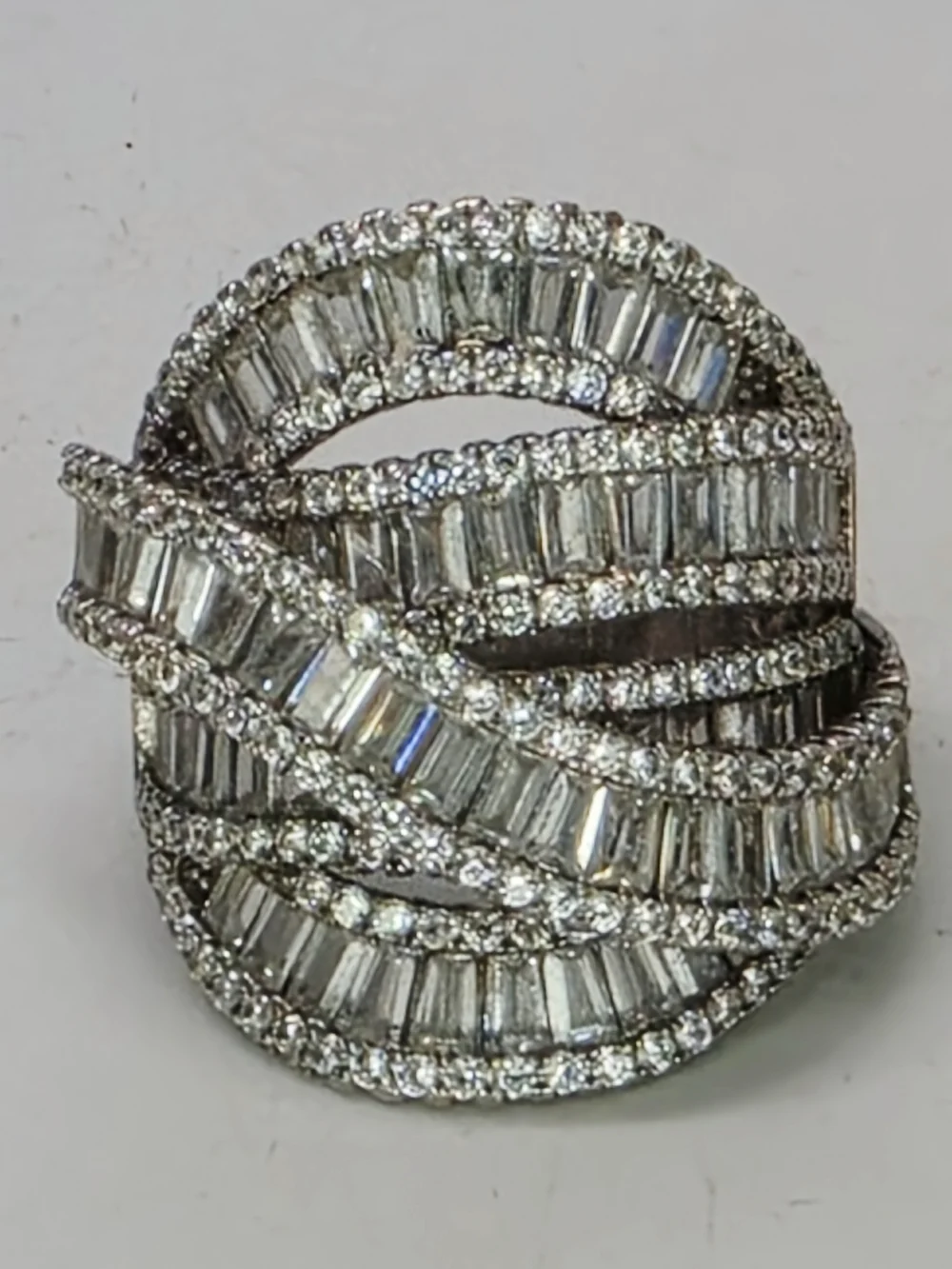 Diamonique Baguette & Round Wide Crossover Band Ring Sterling Silver Size 9 Box - Picture 9 of 11